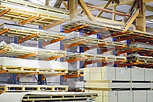 Warehouse of particle boards or chipboards materail for support the furniture manufacturers. Production room