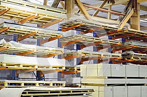 Warehouse of particle boards or chipboards materail for support the furniture manufacturers. Production room photo