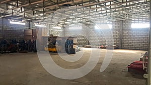 warehouse, plant and factory area and interior with machinery, inventories, shelves, pallets and boxes