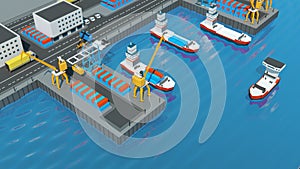 Warehouse port Isometric projection. Ships with containers on the berth at the port, cranes, workers. cars, hangars