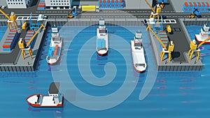 Warehouse port Isometric projection. Ships with containers on the berth at the port, cranes, workers. cars, hangars