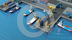 Warehouse port Isometric projection. Ships with containers on the berth at the port, cranes, workers. cars, hangars