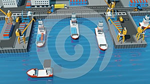 Warehouse port Isometric projection. Ships with containers on the berth at the port, cranes, workers. cars, hangars