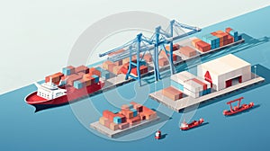 Warehouse port vector conceptual web banner. Isometric projection. Ships with containers on the berth at the port, cranes, workers