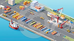 Warehouse port vector conceptual web banner. Isometric projection. Ships with containers on the berth at the port, cranes, workers