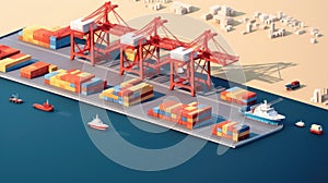 Warehouse port vector conceptual web banner. Isometric projection. Ships with containers on the berth at the port, cranes, workers