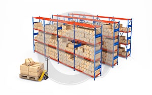 Warehouse rack full of cardboard boxes. 3d rendering