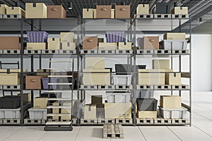 Warehouse with racks, boxes, city view and daylight. Logistics and shipping concept.