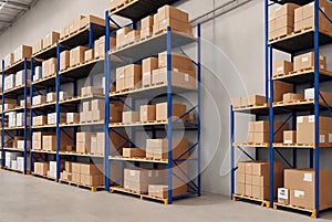 Warehouse, racks with boxes. Generative AI