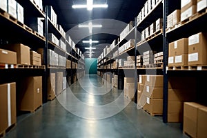 Warehouse, racks with boxes. Generative AI