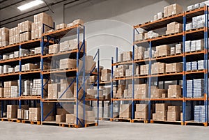 Warehouse, racks with boxes. Generative AI