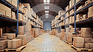 warehouse with racks and cardboard boxes.