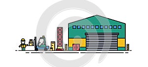 Warehouse with roller doors, forklift and loader worker standing beside it. Commercial building for storage of goods
