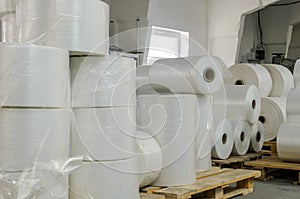 Warehouse with rolls of polyethylene