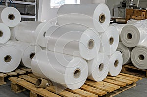 Warehouse with rolls of polyethylene