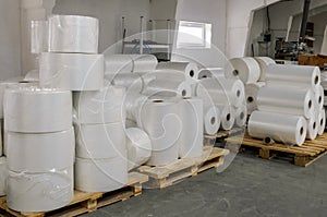 Warehouse with rolls of polyethylene