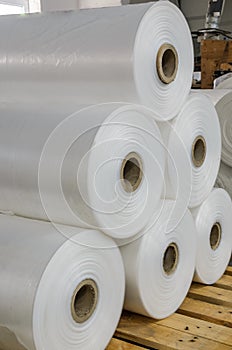 Warehouse with rolls of polyethylene