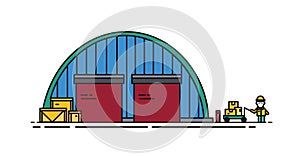 Warehouse with round roof, roller shutters and worker with manual trolley. Commercial building for storage of goods