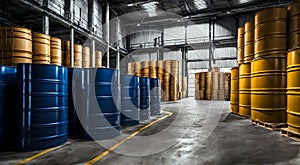 Warehouse with rows of big industrial barrels for goods storage and transportation