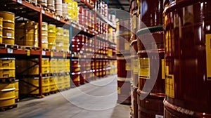 In a warehouse rows upon rows of tightly stacked barrels containing various solvents can be seen. Each one is labeled