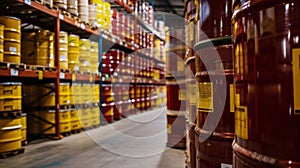 In a warehouse rows upon rows of tightly stacked barrels containing various solvents can be seen. Each one is labeled photo