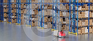 Warehouse Scene with High Shelves and Reach Fork Track