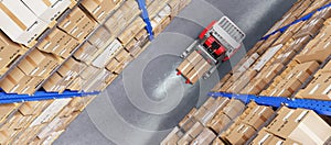 Warehouse Scene with High Shelves and Reach Fork Track. Top View.