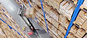 Warehouse Scene with High Shelves and Reach Fork Track. Top View.