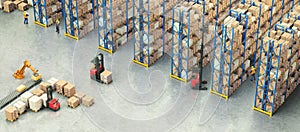 Warehouse Scene with Workers, High Shelves and Reach Fork Track