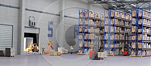 Warehouse Scene with Workers, High Shelves and Reach Fork Track