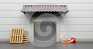 Warehouse service entrance with closed rolling shutter, wooden pallets and traffic cones. Realistic storage gate store