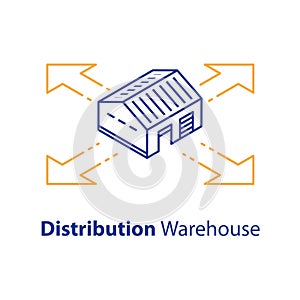 Warehouse services, distribution concept, wholesale building, supply center, isometric view, line icon