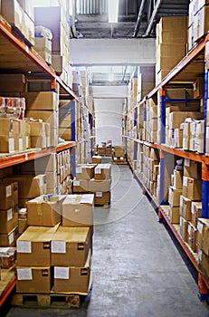 Warehouse, shelf and boxes with storage, distribution and import with export for products and shipping. Empty, package
