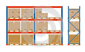 Warehouse shelves with boxes. Storage equipment icon. Side view. Vector isolated on white. Storage equipment icon set.