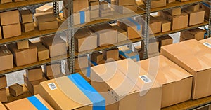 Warehouse with shelves and cardboard boxes, Packed courier delivery concept image