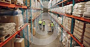 Warehouse, shipping and delivery people walking in a distribution, freight and supply chain company. Worker, contractor