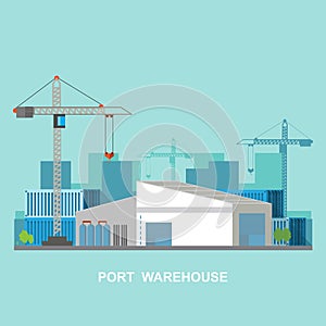 Warehouse and shipping port logistic on a flat style