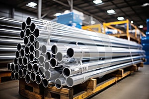 A warehouse stack of shiny new industrial metal tubes for construction and engineering