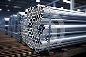 A warehouse stack of shiny new industrial metal tubes for construction and engineering