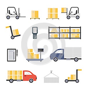 Warehouse with staff, storage building, shelves with goods, unloading cargo. Design elements of warehouse building delivery truck