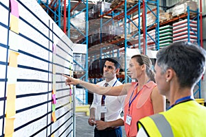 Warehouse staffs discussing over whiteboard in warehouse