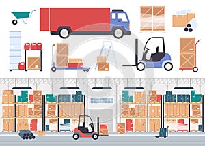 Warehouse stockroom vector illustration, cartoon flat warehousing company storehouse interior, packaging stock inventory