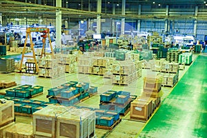 Warehouse and storage area. Walkway in the Factory . Manufacturing product of packaging. Product box