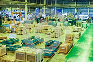 Warehouse and storage area. Walkway in the Factory . Manufacturing product of packaging. Product box