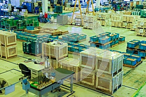 Warehouse and storage area. Walkway in the Factory . Manufacturing product of packaging. Product box