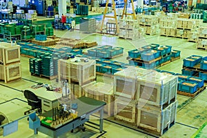 Warehouse and storage area. Walkway in the Factory . Manufacturing product of packaging. Product box