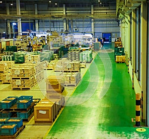 Warehouse and storage area. Walkway in the Factory . Manufacturing product of packaging. Product box