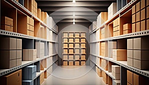 Warehouse, storage room with cardboard boxes on shelves, symmetrical industrial illustration, AI generative