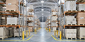 Warehouse or storage and shelves with cardboard boxes. Industrial background photo