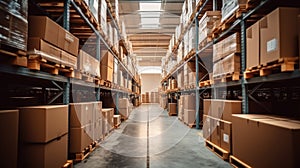 Warehouse or storage and shelves with cardboard boxes, Industrial background, Logistic business transport warehouse station